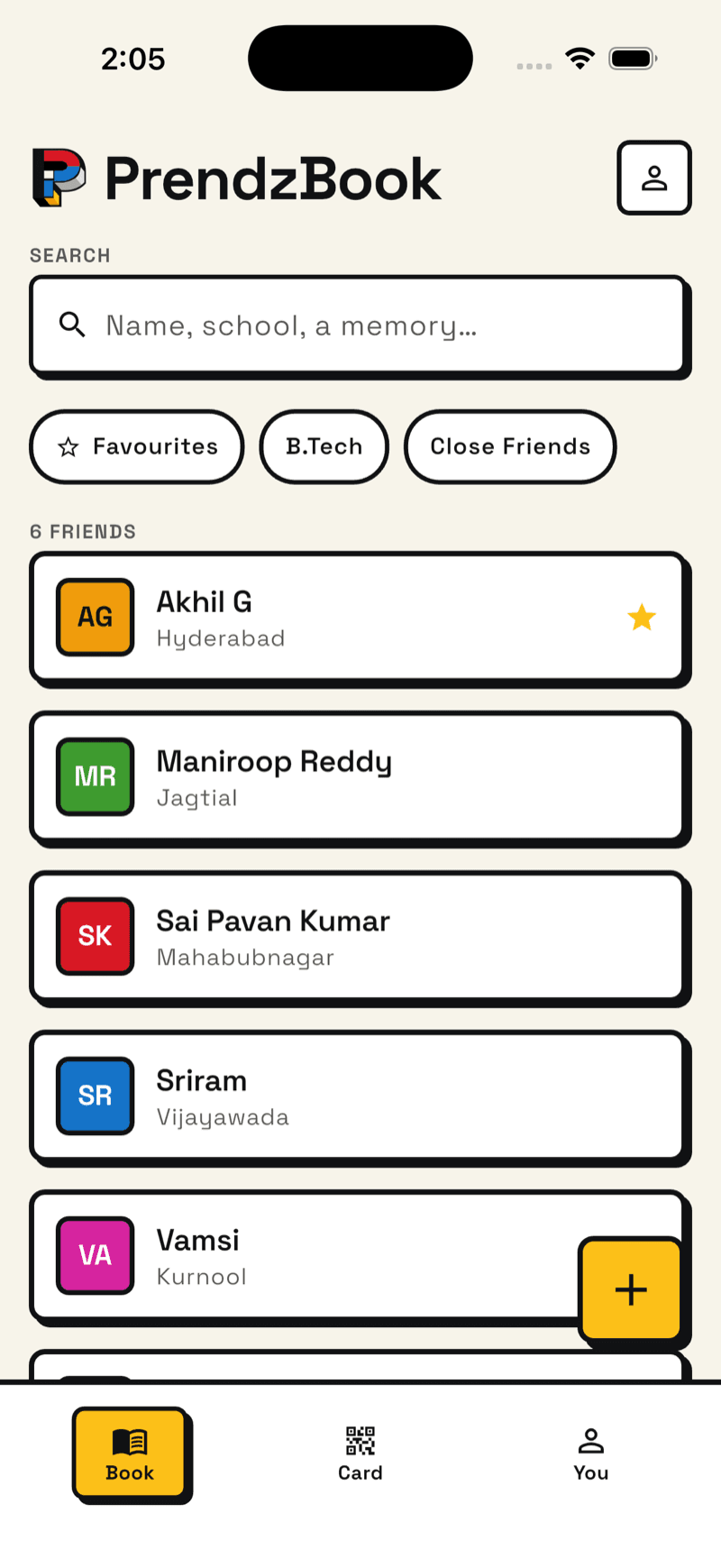 The Book screen: a searchable list of friends with their initials and cities